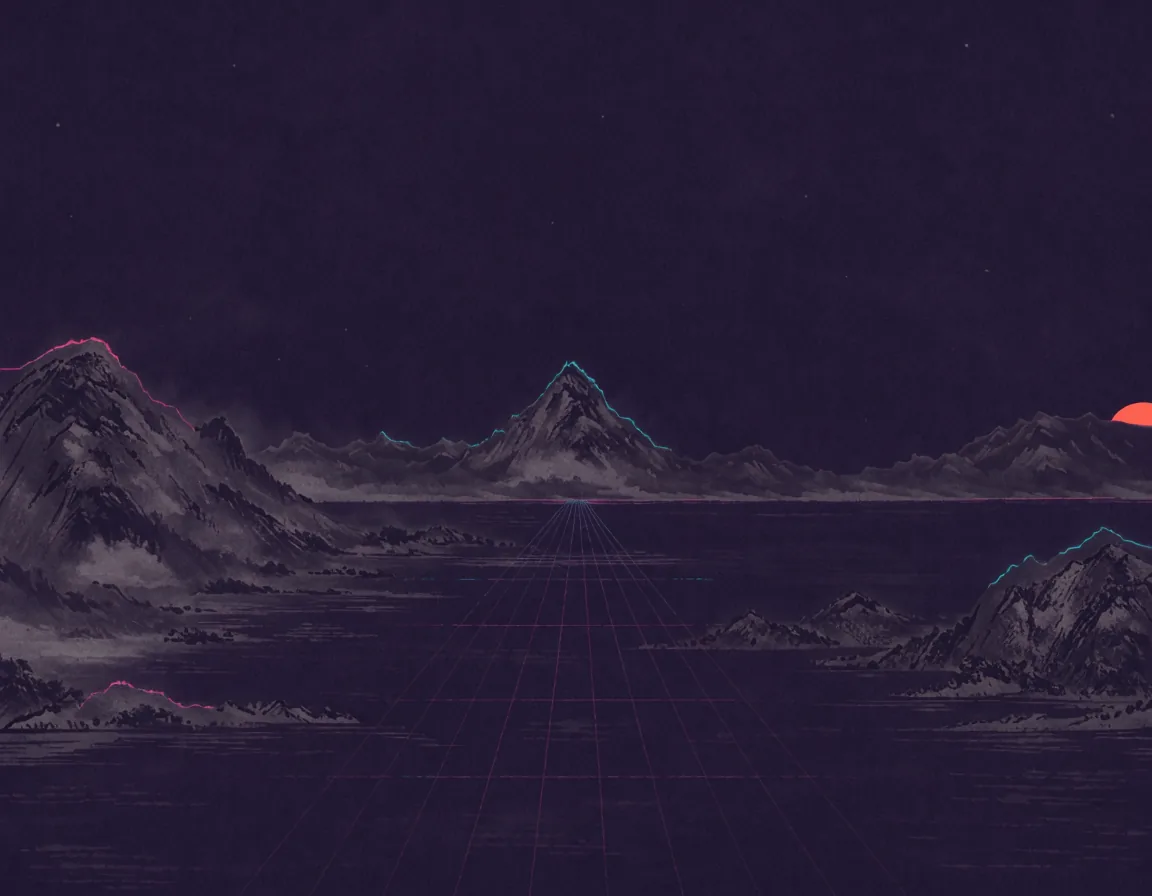 A magenta measuring grid runs across a dark ink plain to one vanishing point, ink ranges edged in cyan and pink.