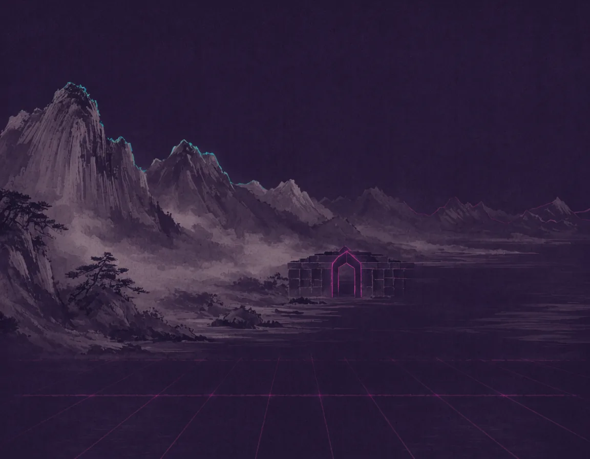 A neon-outlined gateway stands alone in a low stone wall on an ink-wash plain — the only way through.