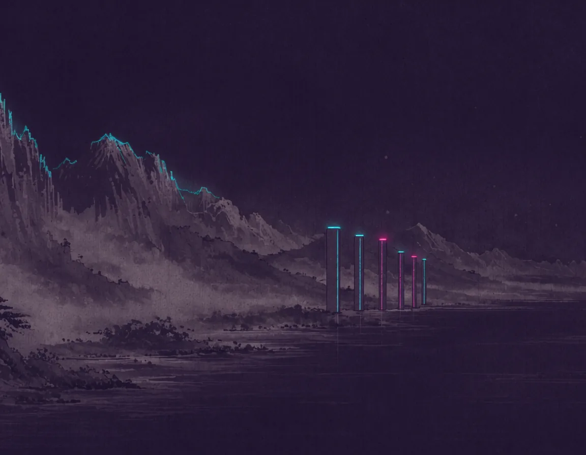 A row of slender columns capped cyan and magenta stands unused in shallow water below ink cliffs.