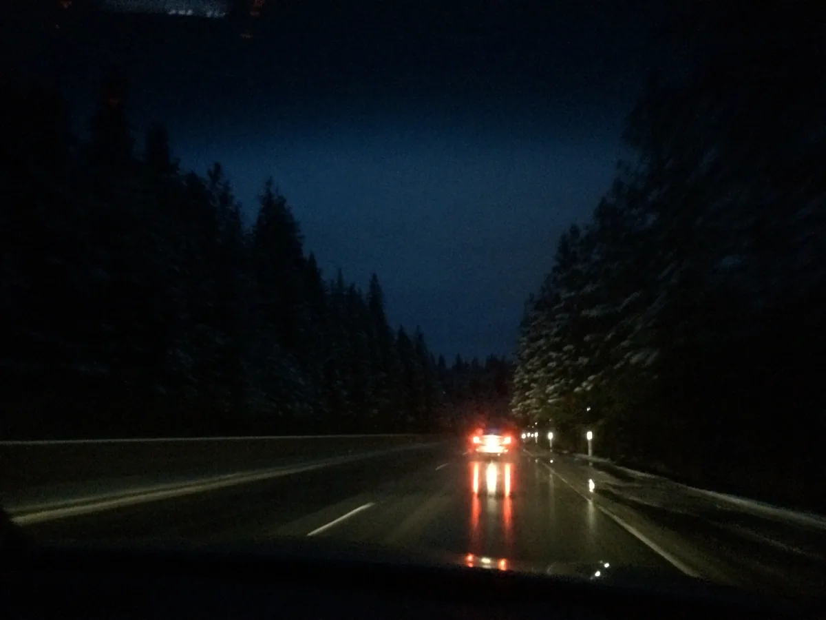 Wet highway at dusk through pines, one car's taillights smeared red across the road ahead.