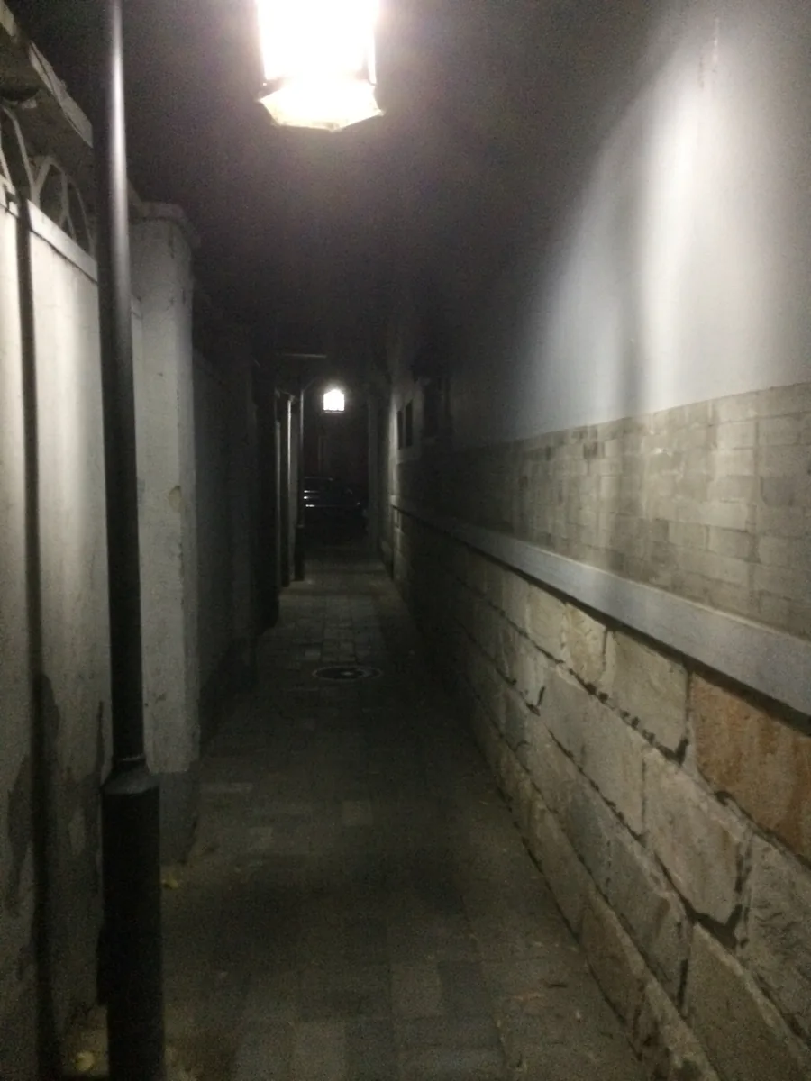 A narrow alley at night between a stone wall and a plastered one, two lamps burning, nobody in it.